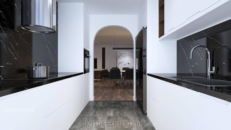 Không gian phòng bếp sang chảnh tiện nghi với mẫu đồ nội thất được làm bằng gỗ Acrylic bóng gương Thiết kế phòng bếp chung cư