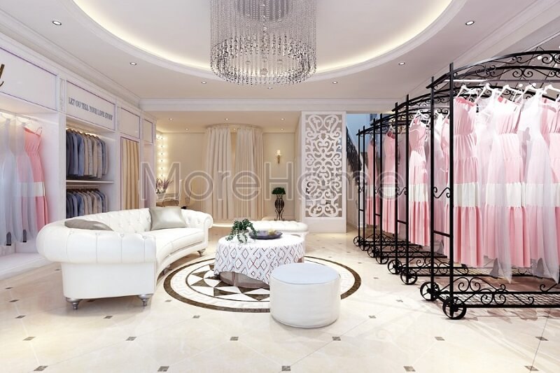 Mẫu thiết kế sofa bọc da tân cổ điển màu trắng đẹp tạo điểm nhấn nổi bật cho showroom áo cưới thêm sang trọng, lộng lẫy sofa tân cổ điển