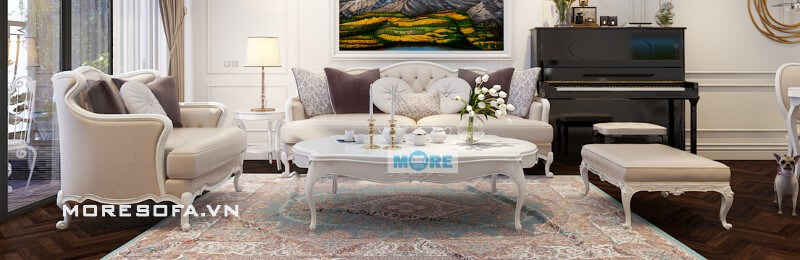 Thiết kế Sofa tân cổ điển MS-035 bọc da với gam màu sáng tạo cảm giác tạo cảm giác rộng rãi, thoáng đãng hơn cho phòng khách sofa tân cổ điển
