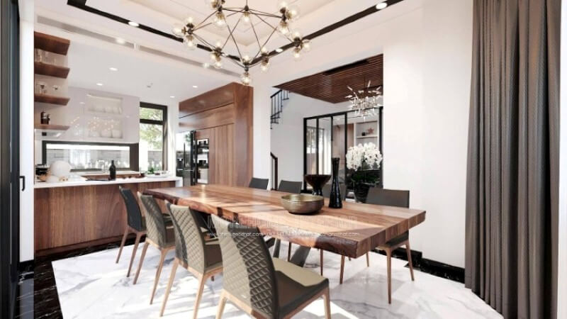 Sẽ là một gợi ý độc đáo với sự hiện hữu tủ bếp gỗ óc chó veneer trầm ấm kết hợp tone màu trắng sáng, long lanh từ tủ bếp trên gỗ công nghiệp An Cường acrylic và mặt bàn bếp đá nhân tạo. Sự tương phản giữa 2 sắc màu sẽ là ý tưởng tuyệt vời cho bố trí nội thất phòng bếp hiện đại cho không gian nhà phố, biệt thự. Thiết kế tủ bếp biệt thự sang trọng