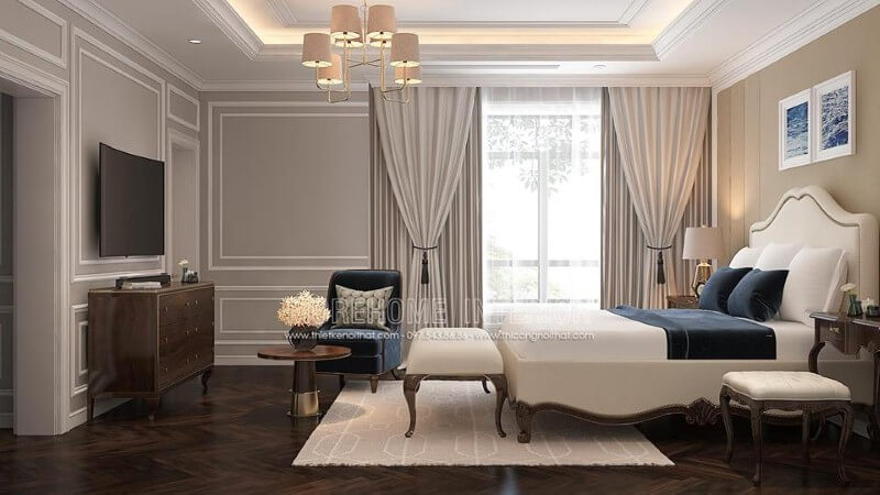 Trang trí nội thất phòng ngủ master gỗ óc chó mang phong cách tân cổ điển sang trọng, độc đáo. Thiết kế nội thất phòng ngủ biệt thự
