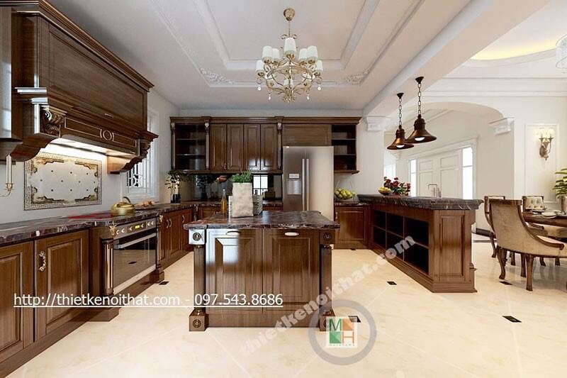 Thiết kế phòng bếp tại biệt thự gỗ hương phong cách tân cổ điển sang trọng, cuốn hút tạo không gian nấu nướng tiện nghi cho người nội trợ Thiết kế phòng bếp tân cổ điển sang trọng