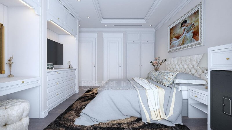 Phòng ngủ tân cổ điển với gam màu trắng tinh khiết mang đến một không gian ngủ thật thông thoáng và sang chảnh Mẫu nội thất chung cư đẹp