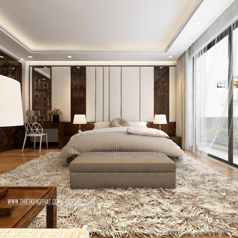 Thiết kế phòng ngủ phong cách hiện đại đẹpsang trọng với xu hướng gần gửi với thiên nhiên từ nội thất gỗ kết hợp ánh sáng giúp căn phòng sáng và thoáng đãng.