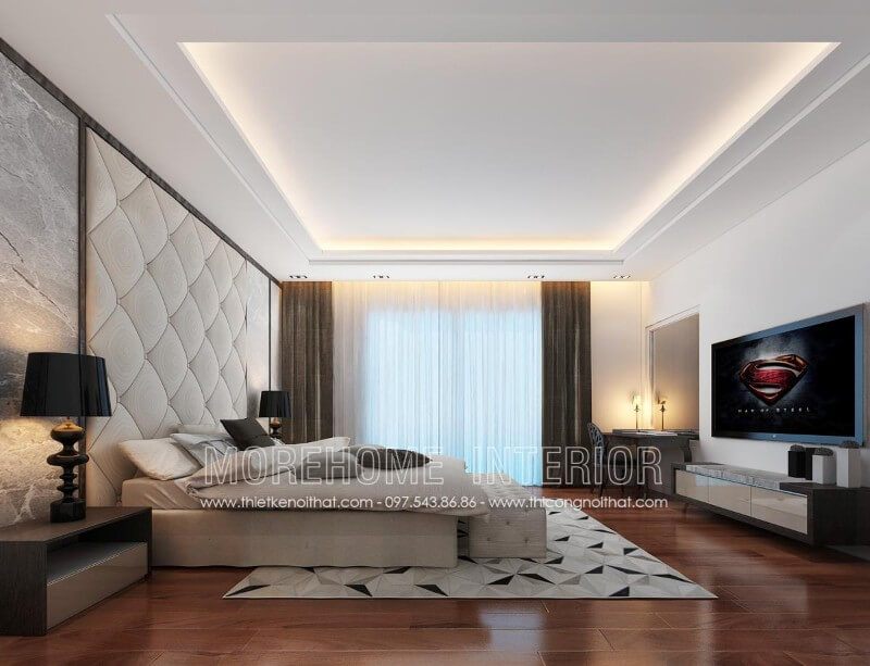 Thiết kế và sản xuất giường ngủ hiện đại bọc nỉ màu xám cho căn hộ Penthouse cao cấp tại Hà Nộii