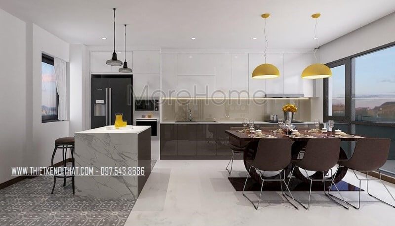 Tủ bếp đảo gỗ công nghiệp hiện đại lồng được bố trí khá đặc biệt với đảo bếp thiết kế theo cạnh chữ L với tủ bếp và nhường chỗ cho bộ bàn ghế ăn vừa tạo nên sự tiện nghi vừa mang lại không gian hài hòa, đẹp mắt, sang trọng.