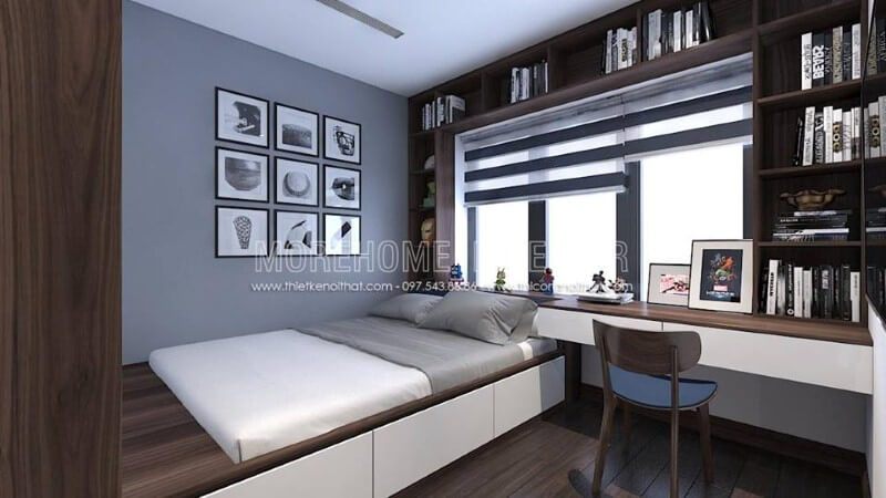 Bàn học liền kệ trang trí đẹp mắt giúp tận dụng tối đa không gian cho góc học tập của con.