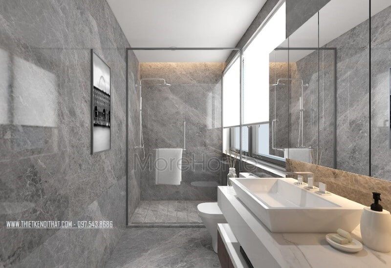 Phòng tắm hiện đại nổi bật với sắc trầm chủ đạo từ gạch xám ốp tường cao cấp.