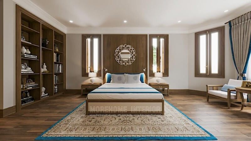 Mẫu giường ngủ bệt được thiết kế gỗ óc chó kết hợp với tông màu trắng của ga giường tạo cảm giác thoải mái và êm ái cho giấc ngủ