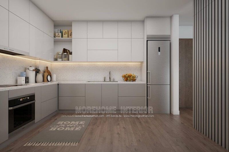 Thiết kế nội thất bếp của căn hộ chung cư phù hợp với yêu cầu công nghệ hiện đại và tiện lợi.