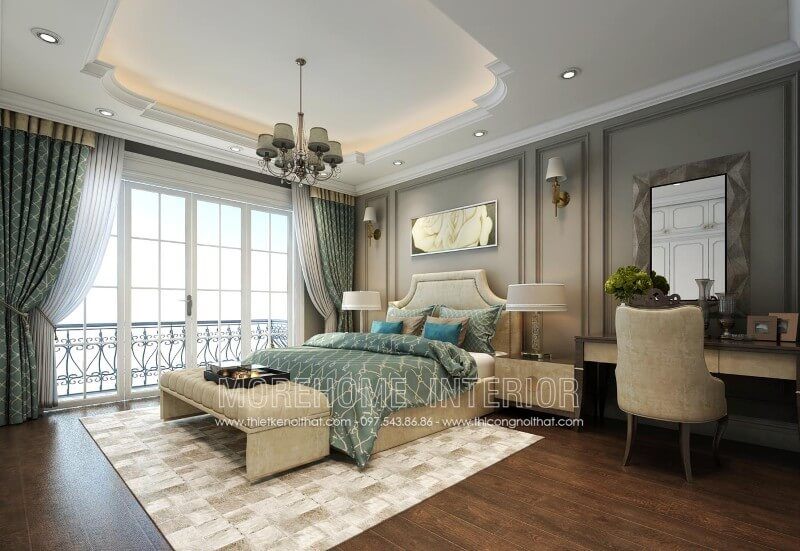 Nội thất phòng ngủ biệt thự cao cấp được thiết kế với một mẫu giường ngủ bọc nỉ đẹp tổng hợp giữa phong cách hiện đại và cổ điển.