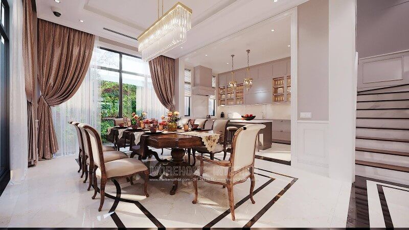 Phòng ăn gỗ óc chó nhập khẩu sang trọng được thiết kế cho biệt thự Ciputra Tây Hồ Hà Nội.